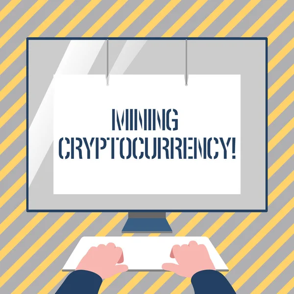 Writing note showing Mining Cryptocurrency. Business photo showcasing handling of transaction in the digital currency system Hands on Keyboard Front White Monitor with Screen Protector. — Stock Photo, Image