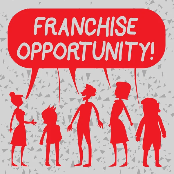 Word yazma metin franchise fırsat. Franchising için iş kavramı franchising Insanlar konuşmak ve bir renkli konuşma kabarcık paylaşımı iş Silhouette figürü yapmak için izin. — Stok fotoğraf