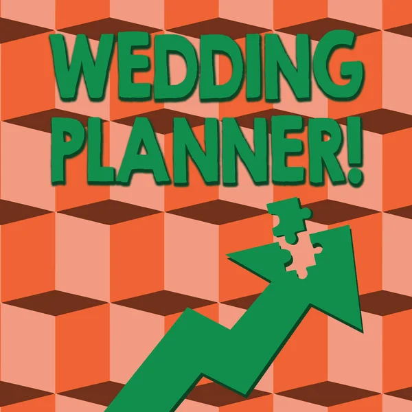 Word skriva text Wedding Planner. Affärs idé för professionella som bistår med design planering och analysisagement färgglada pilen pekar uppåt med fristående del som pussel bit. — Stockfoto