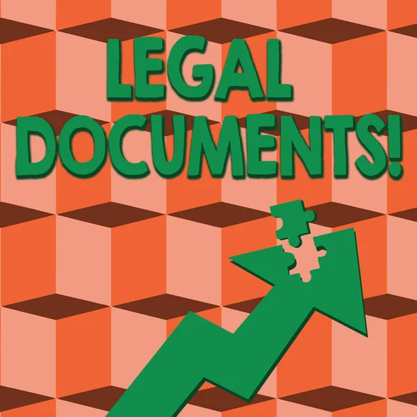 Word writing text Legal Documents. Business concept for states some contractual relationship or grants some right Colorful Arrow Pointing Upward with Detached Part Like Jigsaw Puzzle Piece. — Stockfoto