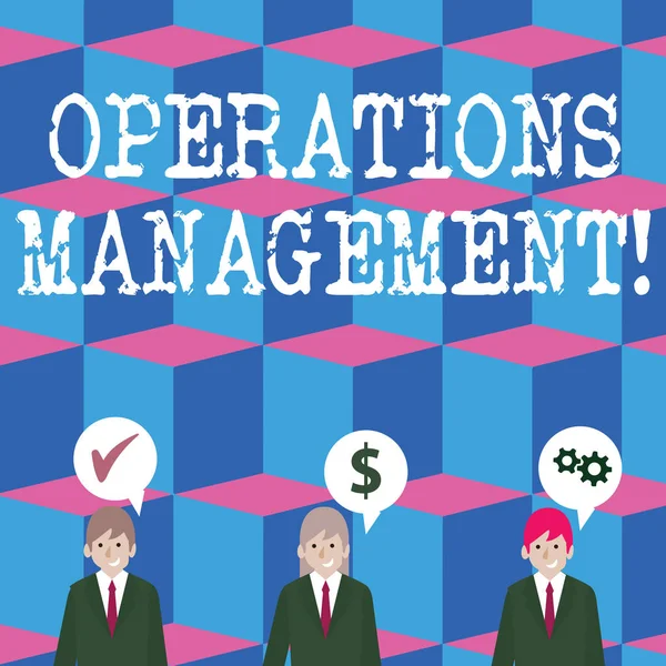 Writing note showing Operations Management. Business photo showcasing designing and controlling the process of production Businessmen has Speech Bubble with Optimization Cost Icons.