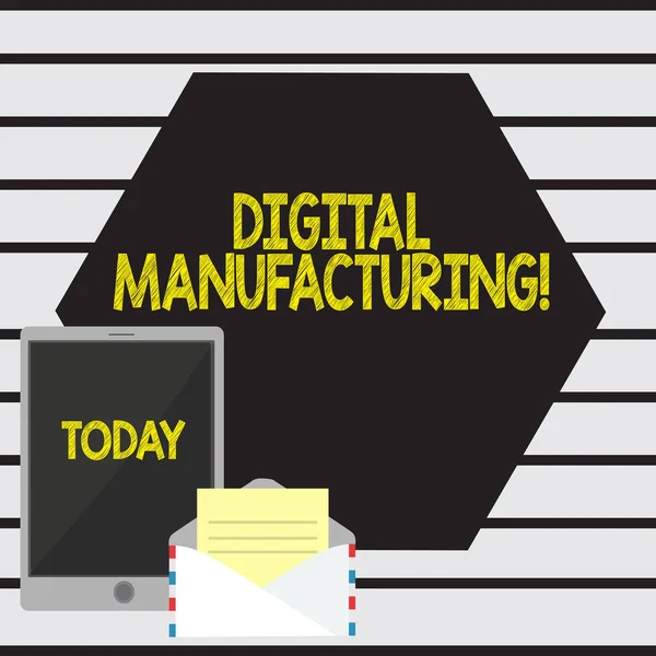 Word writing text Digital Manufacturing. Business concept for integrated approach to analysisufacturing processes Open Envelope with Paper and Blank Tablet Screen on Colorful Blank Space.