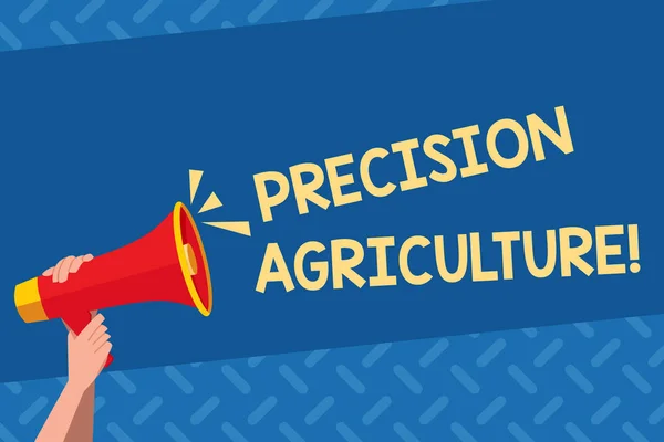Handwriting text Precision Agriculture. Concept meaning modern farming practices for efficient production Human Hand Holding Tightly a Megaphone with Sound Icon and Blank Text Space.