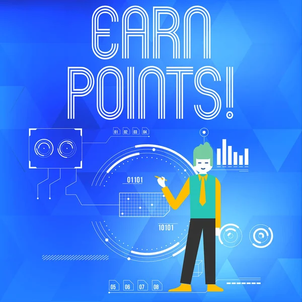 Text sign showing Earn Points. Conceptual photo collecting scores in order qualify to win big prize Man Standing Holding Pen Pointing to Chart Diagram with SEO Process Icons.