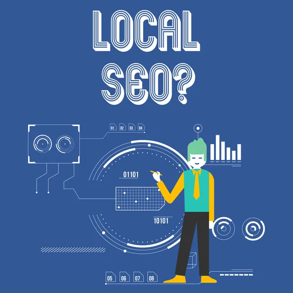 Handwriting text Local Seoquestion. Concept meaning incredibly effective way to market your local business online Man Standing Holding Pen Pointing to Chart Diagram with SEO Process Icons.