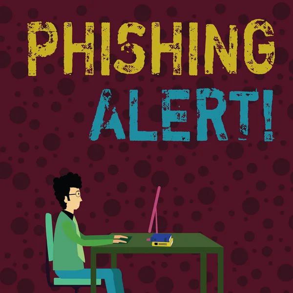 Konceptuell handskrivning som visar phishing Alert. Business Photo text direkt användare besök webbplats där de frågade demonstringal information affärs man sittande på stol arbeta på dator och böcker. — Stockfoto