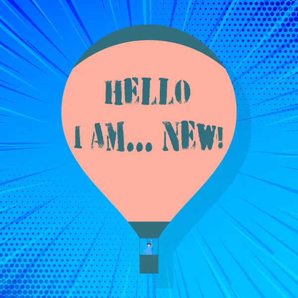 ハローを示すメモを書く私は新しいです。挨拶として使用されるか、または電話の会話を開始するビジネスフォトショーゴンドラで手を振って浮かぶ熱気球. — ストック写真