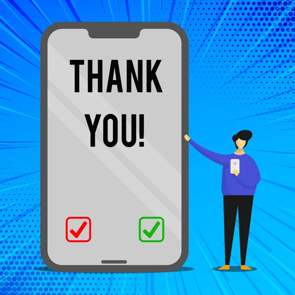Handwriting text writing Thank You. Concept meaning polite expression used when acknowledging gift service compliment Man Presenting Huge Blank Screen Smartphone while Holding Another Mobile.