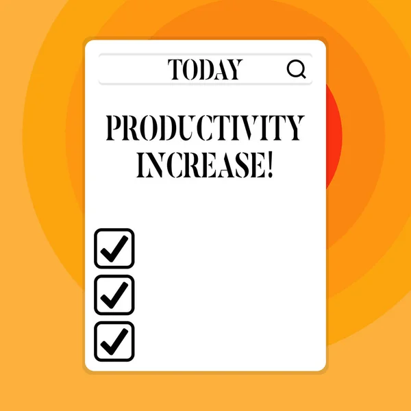Text sign showing Productivity Increase. Conceptual photo Labor productivity growth More output from worker Search Bar with Magnifying Glass Icon photo on Blank Vertical White Screen.