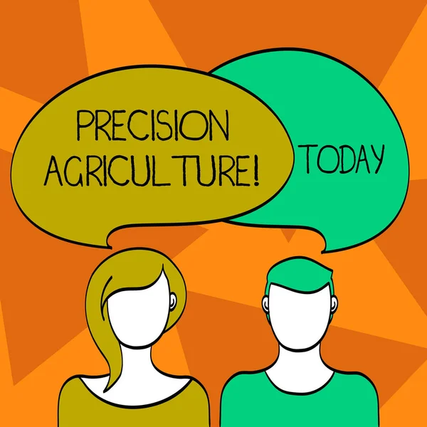 Word writing text Precision Agriculture. Business concept for modern farming practices for efficient production Blank Faces of Male and Female with Colorful Blank Speech Bubble Overlaying.
