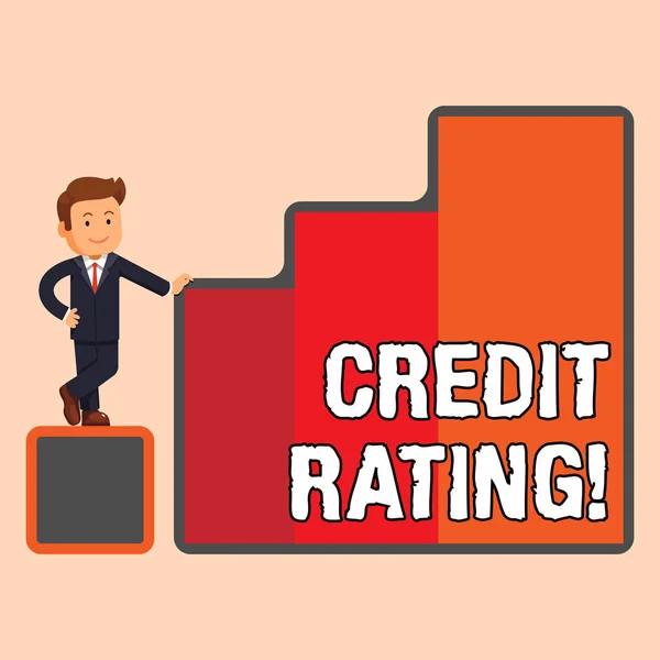 Handwriting text Credit Rating. Concept meaning estimate of ability of demonstrating fulfil financial commitments Happy Businessman Presenting Growth and Success in Rising Bar Graph Columns.