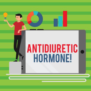 Kelime yazma metin antidiüretik hormon. Hipofiz bezi tarafından serbest bırakılır peptid molekül için iş kavramı boş smartphone üzerinde eğiliyor grafik ve fikir simgesi ile yan açık.