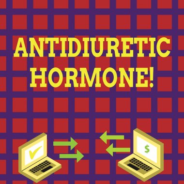 Kelime yazma metin antidiüretik hormon. Hipofiz bezi tarafından serbest olan peptit molekül için iş kavramı Döviz Işareti ve kontrol simgeleri ile Iki dizüstü bilgisayar arasında Exchange ok simgeleri.