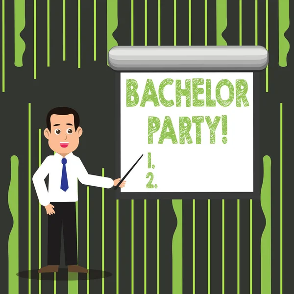 Почерк написания текста Bachelor Party. Концепция значения, приведенная для анализа, кто собирается жениться присутствовали мужчины в галстуке Говорящий Холдинг палка указывая на чистый белый экран на стене . — стоковое фото