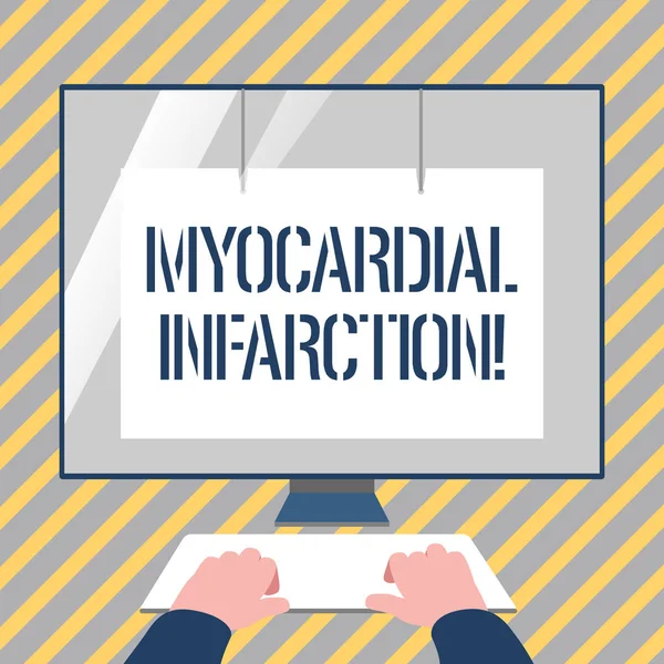 Writing note showing Myocardial Infarction. Business photo showcasing due to the sudden deprivation of circulating blood Hands on Keyboard Front White Monitor with Screen Protector.