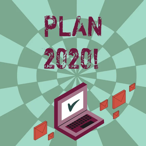 Writing note showing Plan 2020. Business photo showcasing detailed proposal doing achieving something next year Mail Envelopes around Laptop with Check Mark icon on Monitor.