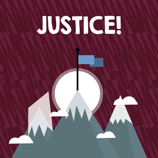 Χειρόγραφο κείμενο δικαιοσύνη. Έννοια που σημαίνει αμερόληπτη προσαρμογή αντικρουόμενων αξιώσεων ή αναθέσεων τρία ψηλά όρη με χιόνι και ένα έχει κενή πολύχρωμη σημαία στην κορυφή. — Φωτογραφία Αρχείου