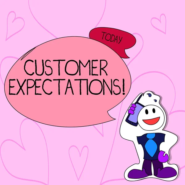 Text sign showing Customer Expectations. Conceptual photo Perceivedvalue clients seek from the buying of a good Smiley Face Man in Necktie Holding Smartphone to his Head in Sticker Style.