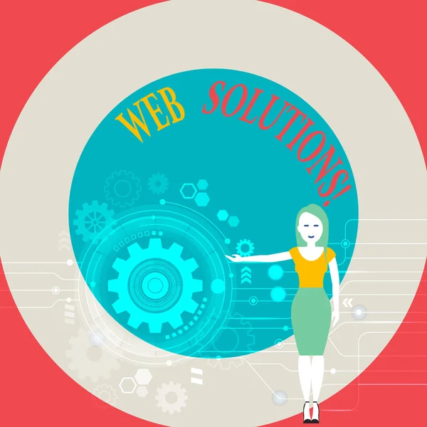 Word skrive tekst Web Solutions. Forretningskoncept til program over netværk og tilgængelig via webbrowser Woman Standing and Presenting te SEO Process with Cog Wheel Gear inside . - Stock-foto