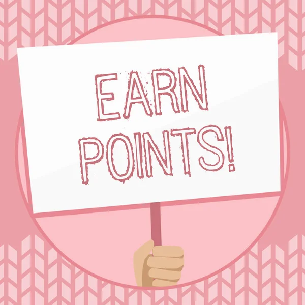 Writing note showing Earn Points. Business photo showcasing collecting scores in order qualify to win big prize Hand Holding White Placard Supported for Social Awareness.