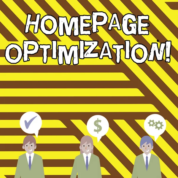 Conceptual hand writing showing Homepage Optimization. Business photo text improve a website s is ability to drive business goals Businessmen has Speech Bubble with Optimization Cost Icons.