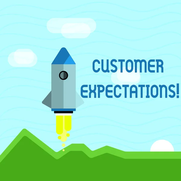 Text sign showing Customer Expectations. Conceptual photo Perceivedvalue clients seek from the buying of a good Colorful Spacecraft Shuttle Rocketship Launching for New Business Startup.