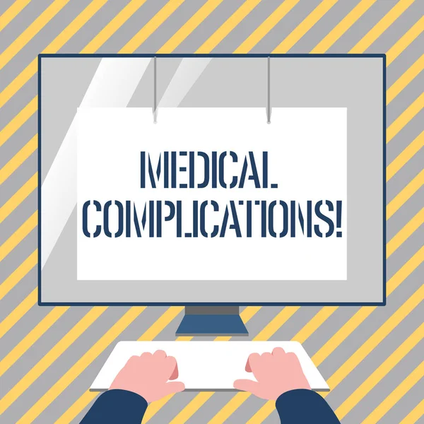 Writing note showing Medical Complications. Business photo showcasing unfavorable evolution or consequence of a disease Hands on Keyboard Front White Monitor with Screen Protector.
