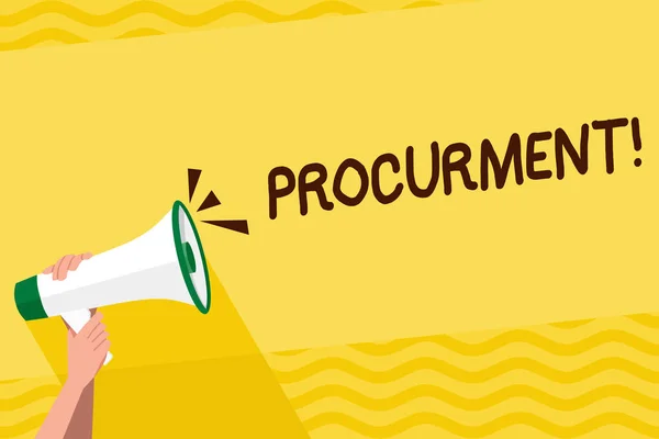 Word writing text Procurment. Business concept for action of acquiring military equipment and supplies Human Hand Holding Tightly a Megaphone with Sound Icon and Blank Text Space. — Stock Photo, Image