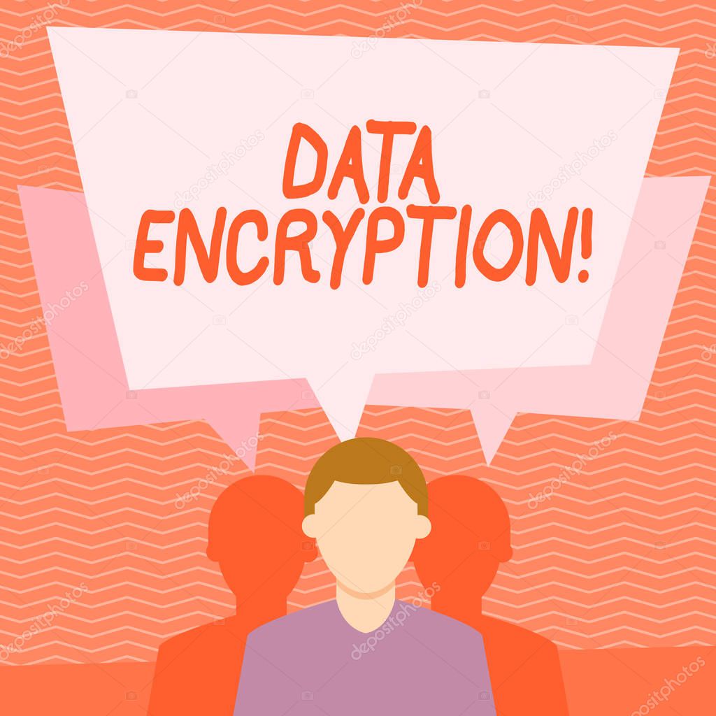 Text sign showing Data Encryption. Conceptual photo another form code that only showing with access secret key Faceless Man has Two Shadows Each has Their Own Speech Bubble Overlapping.