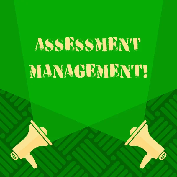 Text sign showing Assessment Management. Conceptual photo analysisagement of investments on behalf of others Blank Double Spotlight Crisscrossing Upward from Two Megaphones on the Floor. — Stock Photo, Image