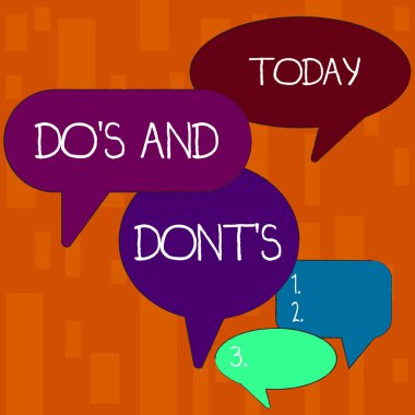 El yazısı metni do S ve dont S. kavram anlamı kurallar veya gümrük bazı aktivite veya Eylemler ilgili Grup tartışması için farklı boyutlarda ve gölge birçok renk konuşma kabarcık.