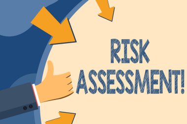 Risk değerlendirmesi gösteren metin işareti. Potansiyel riskleri değerlendiren kavramsal fotoğraf öngörülen aktivite el Gesturing thumbs yukarı ve ok ile boş uzay yuvarlak şekil Holding.