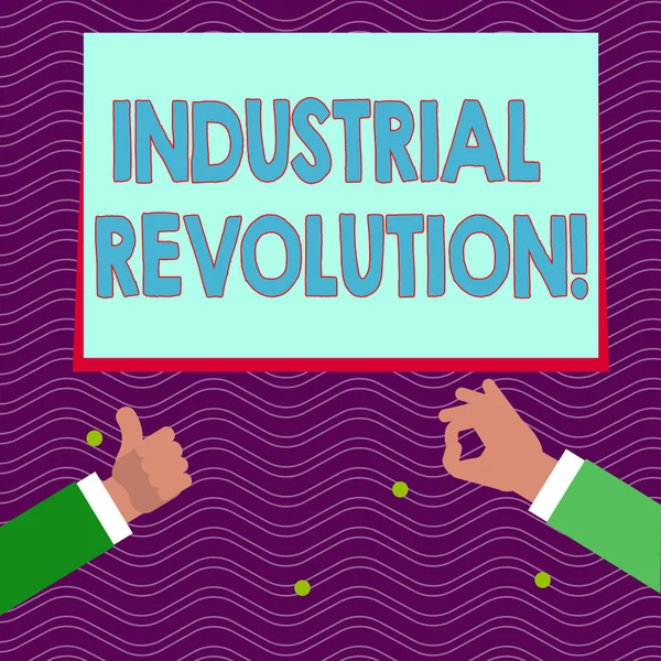 Cartel de texto que muestra Revolución Industrial. Tiempo conceptual de la foto durante el cual el trabajo hecho más por las máquinas Dos hombres de negocios Manos Gesturing the Thumbs Up and Okay Sign for Promotion . —  Fotos de Stock