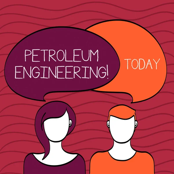 Handwriting text Petroleum Engineering. Concept meaning Activities related to the production of hydrocarbons Blank Faces of Male and Female with Colorful Blank Speech Bubble Overlaying. — Stock Photo, Image