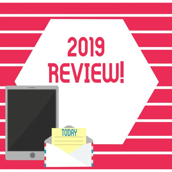 Conceptual hand writing showing 2019 Review. Business photo showcasing remembering past year events main actions or good shows Envelope with Paper and Tablet Screen on Color blank Space. — Stock Photo, Image