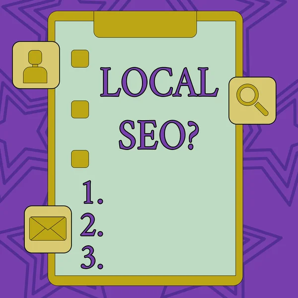 Word pisanie tekstu Local Seoquestion. Koncepcja biznesowa dla niewiarygodnie skuteczny sposób na rynku lokalnego biznesu schowka online z Tick Box i 3 Apps ikony do oceny, aktualizacje, przypomnienie. — Zdjęcie stockowe
