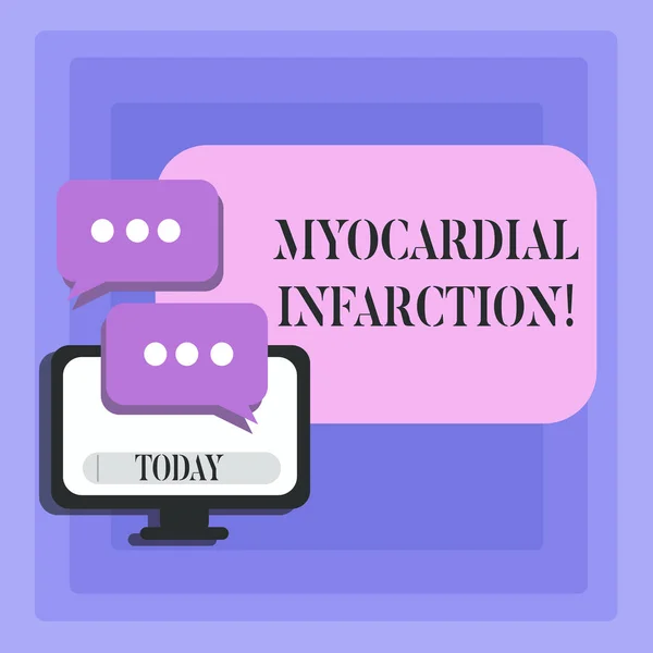 Handwriting text Myocardial Infarction. Concept meaning due to the sudden deprivation of circulating blood Blank Computer Monitor and Two Speech Balloon with Three Dots for Chat Icon. — Stock Photo, Image
