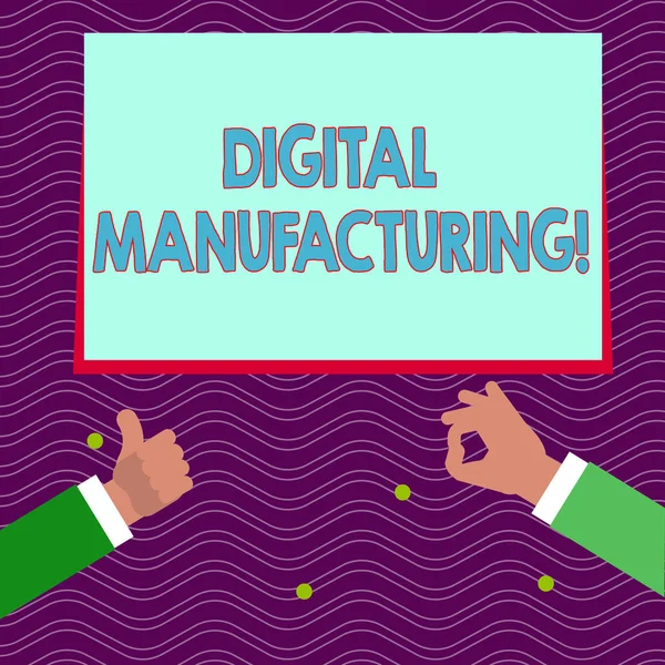 Znak tekstowy przedstawiający Digital Manufacturing. Koncepcyjne zdjęcie zintegrowane podejście do procesów analitycznych dwa businessmen ręce Gesturing kciuki w górę i w porządku znak promocji. — Zdjęcie stockowe
