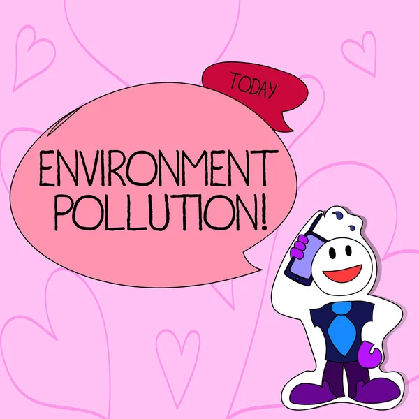 Πινακίδα κειμένου που δείχνει την περιβαλλοντική ρύπανση. Εννοιολογική φωτογραφία οι μολυσματικές ουσίες στο φυσικό περιβάλλον χαμογελαστός άνθρωπος με παπιγιόν κρατώντας smartphone στο κεφάλι του σε στυλ αυτοκόλλητο. — Φωτογραφία Αρχείου