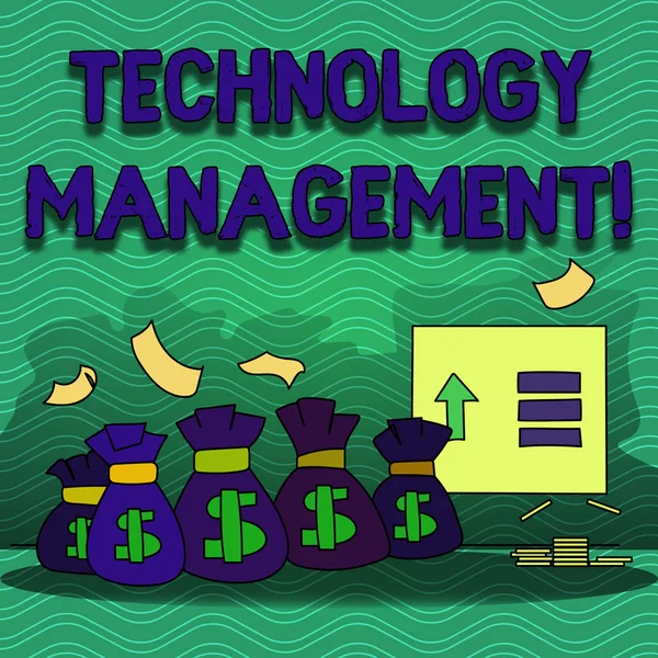 텍스트 기술 관리를 작성 하는 단어. 기술 제품의 통합 계획에 대 한 비즈니스 개념 달러 통화 기호와 빈 지폐와 화살표가 있는 다채로운 돈 가방. — 스톡 사진