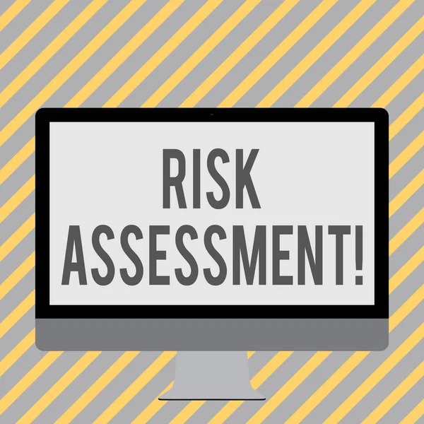 Conceptual hand writing showing Risk Assessment. Business photo showcasing evaluating potential risks involved projected activity White Computer Monitor WideScreen on a Stand for Technology.