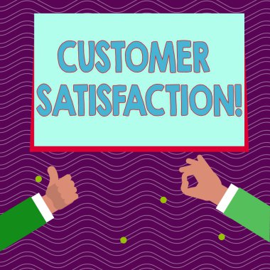Müşteri memnuniyetini gösteren metin işareti. Kavramsal fotoğraf ölçü müşterilerinin yerine getirilmesi bir firma Iki Işadamları eller hareketi ve Iyi bir tanıtım için baş başparmak Gesturing.