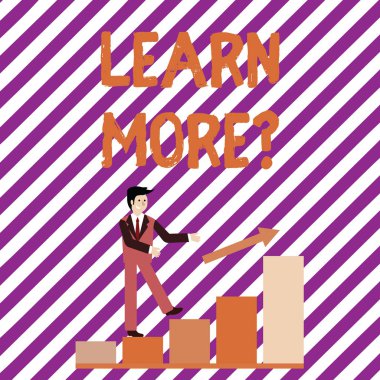 Daha fazlasını öğrenin sorusu gösteren Not yazma. İş fotoğraf vitrine kazanç bilgi veya beceri eğitim antrenman gülümseyen işadamı tırmanma Bar grafik takip bir ok yukarı.