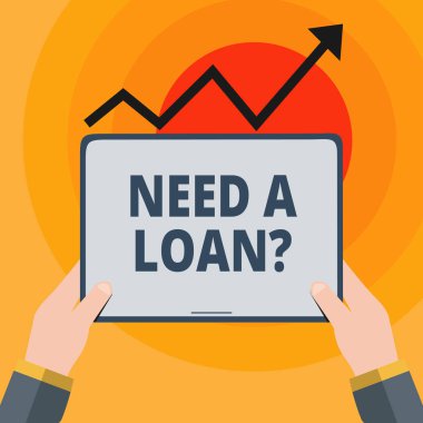 Kelime yazma metin Need A kredi soru. Genellikle banka el Holding boş ekran tablet altında siyah Progressive ok yukarı gidiş ödünç para miktarı için iş kavramı.