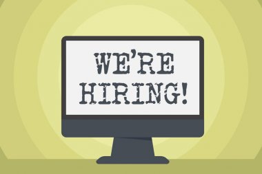 Word yazma metin biz yeniden Işe. Son zamanlarda birini istihdam veya belirli bir iş yapmak için birini ödemek için iş kavramı boş alan masaüstü bilgisayar Colorful monitör ekran Freestanding masa üzerinde.