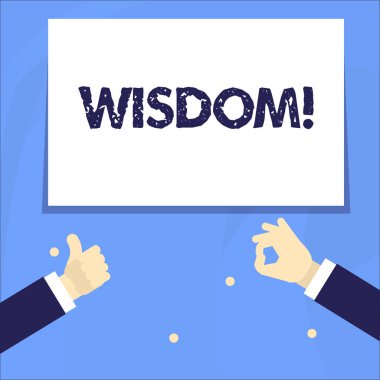 Bilgelik gösteren kavramsal el yazma. Deneyim bilgi ve iyi bir karar bir şey sahip iş fotoğraf vitrinde Iki Işadamları el thumbs up ve okay Işareti Gesturing.