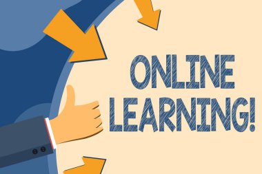 Online Learning gösteren metin işareti. Kavramsal fotoğraf ders programı veya derece internet el Gesturing thumbs yukarı ve ok ile boş uzay yuvarlak şekil Holding teslim anlamına gelir.