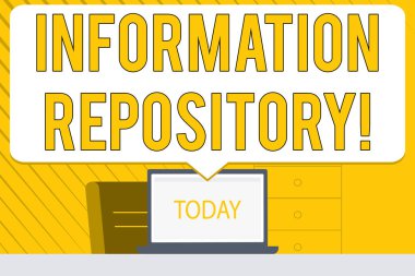 Word yazma metin bilgi havuzu. İş kavramı için bir yer veri saklanır ve bulunabilir boş büyük konuşma kabarcık Işaret beyaz laptop ekran içinde Workspace fikir.