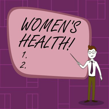 Women 'ın sağlığını gösteren metin işareti. Kavramsal fotoğraf kalp hastalığı kanser diyabet olarak kronik hastalıklar durumları kravat güven adam, gözlük ve sopa boş renkli tahta Işaret.