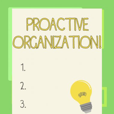 El yazısı metin yazma proaktif organizasyon. Kavram anlamı eylem ve sonuç odaklı davranış bir şirket akkor ampul filament ile boş renkli kağıt üzerinde Istirahat Içinde.